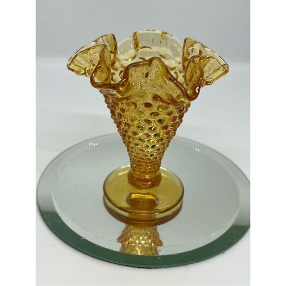Vintage Yellow Amber Fenton Glass Hob Nail Small Cone Trumpet Vase Miniature 4” - Picture 1 of 7